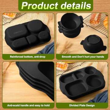 Honoson 24 Pcs Wheat Straw Dinnerware Cutlery Set Including Divided Plates Microwave Dishwasher Safe Bowl Unbreakable Tableware Straw Cutlery Spoon Knife Fork Cup(Black)