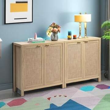 SICOTAS Credenza Sideboard Buffet Rattan Cabinet - Boho Large Kitchen Storage Cabinet with Rattan St...