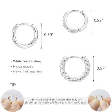 3 Pairs Small Huggie Hoop Earrings Set White Gold Hypoallergenic Silver Huggie Hoops Earrings for Wo...