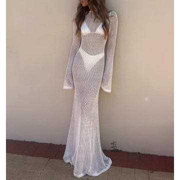 Sexy Crochet Maxi Dress Sheer Mesh Cover Up Y2K Style