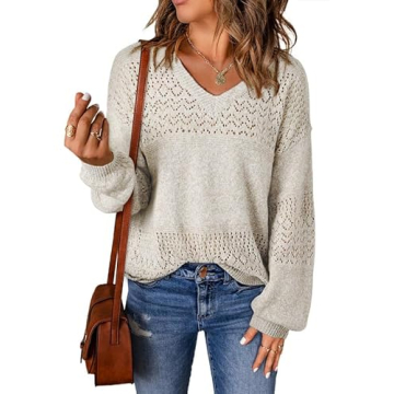 SHEWIN Women’s Crochet Long Sleeve V Neck Lightweight Sweater - Fall Knit Pullover Tops 2024