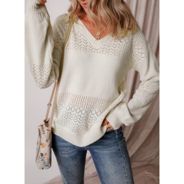 SHEWIN Women’s Lightweight V Neck Crochet Sweater