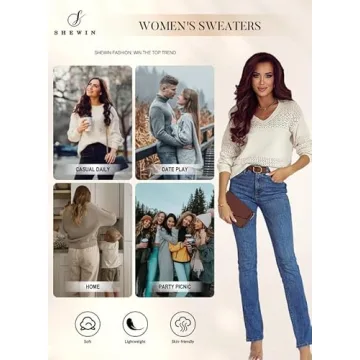 SHEWIN Women’s Lightweight V Neck Crochet Sweater