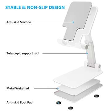 szwilnis Cell Phone Stand, Folding Desktop Phone Stand, Angle Height Adjustable Mobile Phone Holder for Desk, Office, Tablet Stand Compatible with All Phones 4-10 Inches Cell Phone/Tablet (White)