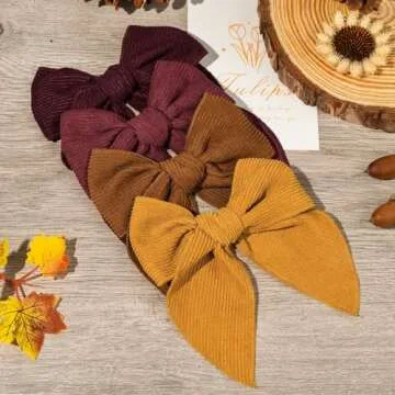 DEEKA 8 PCS Large Corduroy Hair Bows Fall Winter Fable Hair Clips for Toddler Girls Handmade Warm Brown Beige Fabric Hair Accessories for Little Girls Kids -Brown
