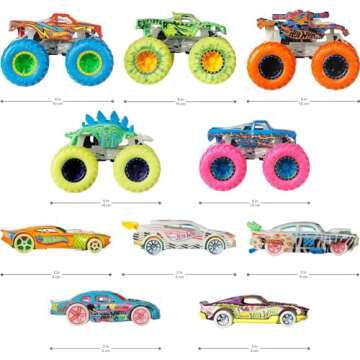 Hot Wheels Toy Monster Trucks 10-Pack, Set of 5 Glow in The Dark 1:64 Scale Trucks & 5 GITD 1:64 Scale Cars, Play Vehicles for Kids & Collectors