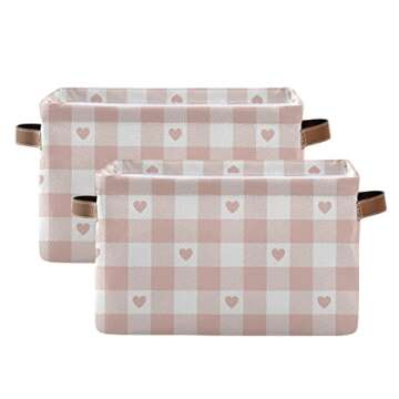 senya Valentine's Day Storage Basket, Large Foldable Storage Basket with Handles, Pink Buffalo Check Plaid Heart Fabric Collapsible Storage Bins Organizer Bag