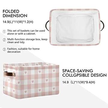 senya Valentine's Day Storage Basket, Large Foldable Storage Basket with Handles, Pink Buffalo Check Plaid Heart Fabric Collapsible Storage Bins Organizer Bag