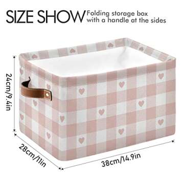 senya Valentine's Day Storage Basket, Large Foldable Storage Basket with Handles, Pink Buffalo Check Plaid Heart Fabric Collapsible Storage Bins Organizer Bag