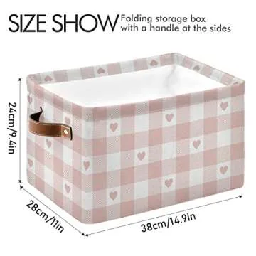 senya Valentine's Day Storage Basket, Large Foldable Storage Basket with Handles, Pink Buffalo Check Plaid Heart Fabric Collapsible Storage Bins Organizer Bag