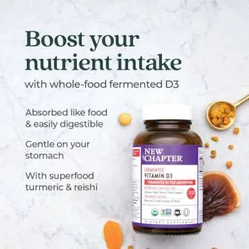 New Chapter Fermented Vitamin D3 2,000 IU, Organic, ONE Daily for Immune, Heart & Bone Support + Whole-Food Turmeric, Adaptogenic Reishi Mushroom, 100% Vegetarian, Gluten Free, 60 Count