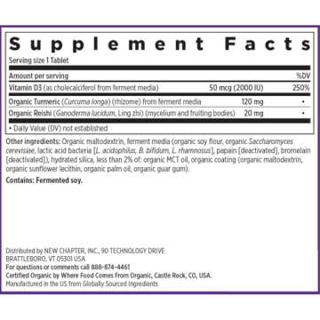 New Chapter Fermented Vitamin D3 2,000 IU, Organic, ONE Daily for Immune, Heart & Bone Support + Whole-Food Turmeric, Adaptogenic Reishi Mushroom, 100% Vegetarian, Gluten Free, 60 Count