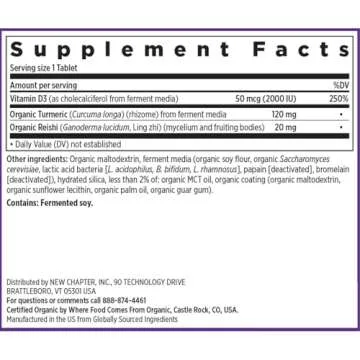 New Chapter Fermented Vitamin D3 2,000 IU, Organic, ONE Daily for Immune, Heart & Bone Support + Whole-Food Turmeric, Adaptogenic Reishi Mushroom, 100% Vegetarian, Gluten Free, 60 Count