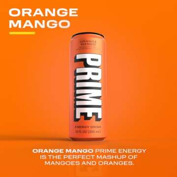 PRIME Energy ORANGE MANGO | Zero Sugar Energy Drink | Preworkout Energy | 200mg Caffeine with 355mg of Electrolytes and Coconut Water for Hydration| Vegan | Gluten Free |12 Fluid Ounce | 24 Pack