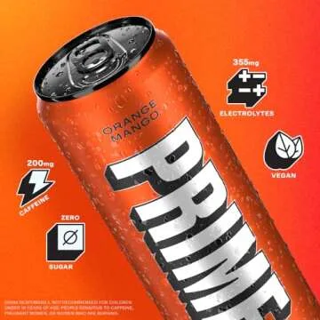 PRIME Energy ORANGE MANGO | Zero Sugar Energy Drink | Preworkout Energy | 200mg Caffeine with 355mg of Electrolytes and Coconut Water for Hydration| Vegan | Gluten Free |12 Fluid Ounce | 24 Pack