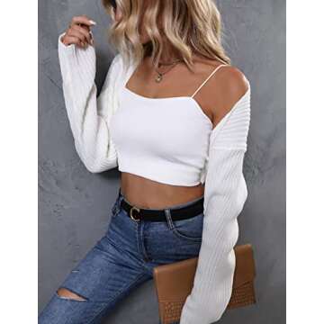 LANGEYANG Women's Long Sleeve Open Front Crop Cardigan Knit Shrugs Sweater Drop Shoulder Solid Top Creamy White