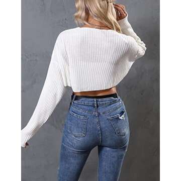LANGEYANG Women's Long Sleeve Open Front Crop Cardigan Knit Shrugs Sweater Drop Shoulder Solid Top Creamy White