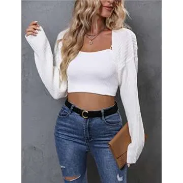 LANGEYANG Women's Long Sleeve Open Front Crop Cardigan Knit Shrugs Sweater Drop Shoulder Solid Top Creamy White