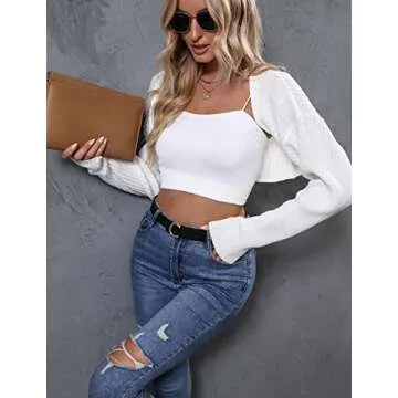 LANGEYANG Women's Long Sleeve Open Front Crop Cardigan Knit Shrugs Sweater Drop Shoulder Solid Top Creamy White