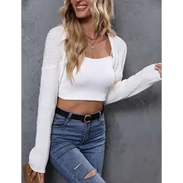 LANGEYANG Women's Long Sleeve Open Front Crop Cardigan Knit Shrugs Sweater Drop Shoulder Solid Top Creamy White