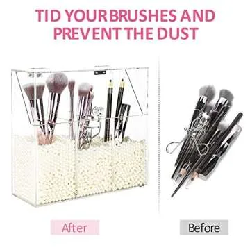 YestBuy Clear Makeup Brush Holder, Acrylic Makeup Brush Organizer For Vanity, Cosmetic Brush Storage Box with Pearls, For Bathroom, Bedroom, Vanity Countertop