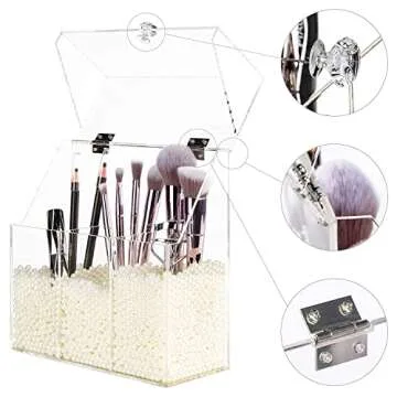 YestBuy Clear Makeup Brush Holder, Acrylic Makeup Brush Organizer For Vanity, Cosmetic Brush Storage Box with Pearls, For Bathroom, Bedroom, Vanity Countertop