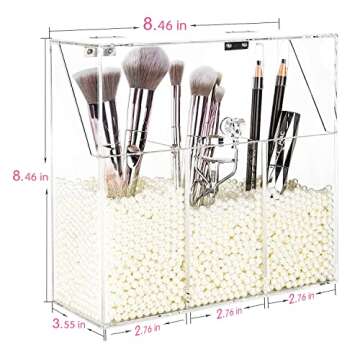 YestBuy Clear Makeup Brush Holder, Acrylic Makeup Brush Organizer For Vanity, Cosmetic Brush Storage Box with Pearls, For Bathroom, Bedroom, Vanity Countertop