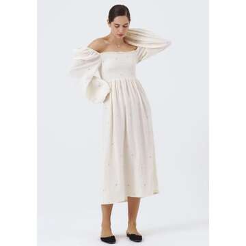 NOTHING FITS BUT Shiho Dress, Maternity Dress for Photoshoot, Baby Shower Dress, Pregnancy Dress, Off Shoulder Nursing Dress (Eggshell, S/M)