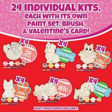 Set of 24 Valentines Cards for Kids Classroom -Valentine's Day Cats & Dogs Wood Painting Kits for Kids School -Each Valentines Gift Includes Complete Craft Kit & Card for Boys Girls Classroom Exchange