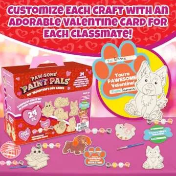 Set of 24 Valentines Cards for Kids Classroom -Valentine's Day Cats & Dogs Wood Painting Kits for Kids School -Each Valentines Gift Includes Complete Craft Kit & Card for Boys Girls Classroom Exchange