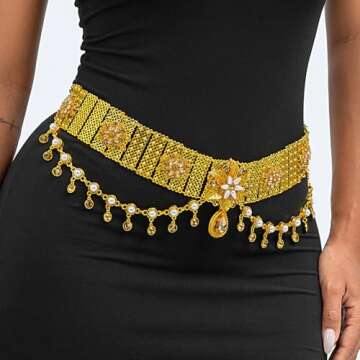 Navoky Pearl Boho Body Chain Gold Layered Rhinestone Pendant Waist Chains Belts Crystal Tassel Belly...