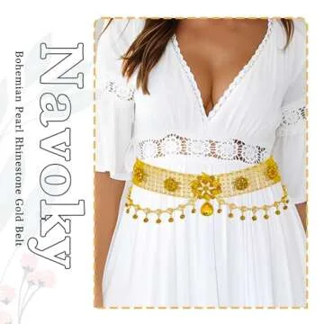 Navoky Pearl Boho Body Chain Gold Layered Rhinestone Pendant Waist Chains Belts Crystal Tassel Belly Chains Flower Beach Waist Charm Jewelry Accessories for Women