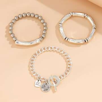 Jumwrit 3pcs Boho Layered Beaded Bracelets Set for Women Dainty Stretch Elastic Round Ball Beads Tube Chunky Chain Bracelets Stackable Silver Toggle Cuban Link Bracelets Trendy Jewelry