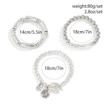 Jumwrit 3pcs Boho Layered Beaded Bracelets Set for Women Dainty Stretch Elastic Round Ball Beads Tube Chunky Chain Bracelets Stackable Silver Toggle Cuban Link Bracelets Trendy Jewelry