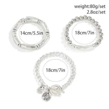 Jumwrit 3pcs Boho Layered Beaded Bracelets Set for Women Dainty Stretch Elastic Round Ball Beads Tube Chunky Chain Bracelets Stackable Silver Toggle Cuban Link Bracelets Trendy Jewelry
