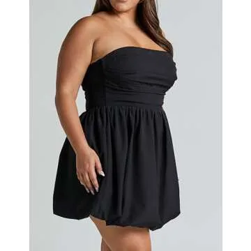MISSACTIVER Women's Strapless Tube Top Mini Dress Ruched Sleeveless Off Shoulder Flared Short Dress Summer Party Club Dresses Black