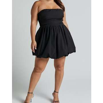 MISSACTIVER Women's Strapless Tube Top Mini Dress Ruched Sleeveless Off Shoulder Flared Short Dress Summer Party Club Dresses Black