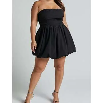 MISSACTIVER Women's Strapless Tube Top Mini Dress Ruched Sleeveless Off Shoulder Flared Short Dress Summer Party Club Dresses Black