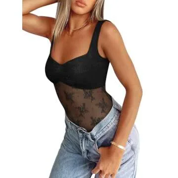 REORIA Women's Sexy Lace Mesh Bodysuit for Summer Style
