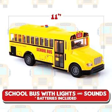 ArtCreativity Yellow School Bus Toy with Flashing Lights & Sound, Friction Powered 1/16 Scale School...