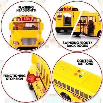 ArtCreativity Yellow School Bus Toy with Flashing Lights & Sound, Friction Powered 1/16 Scale School Bus Toy for Kids with 4 Different Sounds & Lights, Back and Side Doors Open, for Toddler Ages 3+