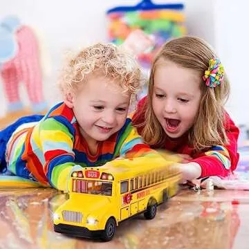 ArtCreativity Yellow School Bus Toy with Flashing Lights & Sound, Friction Powered 1/16 Scale School Bus Toy for Kids with 4 Different Sounds & Lights, Back and Side Doors Open, for Toddler Ages 3+