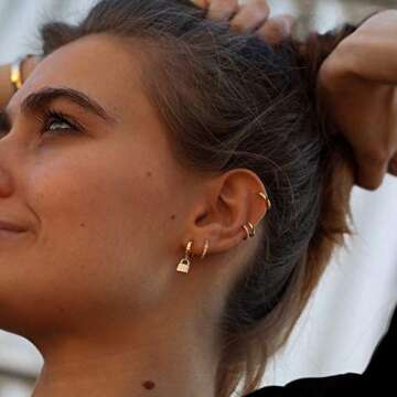 MYEARS Women Padlock Earrings Gold Huggie Hoop Dangle Drop 14K Gold Plated Small Simple Hypoallergenic Everyday Jewelry