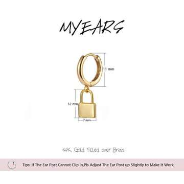 MYEARS Women Padlock Earrings Gold Huggie Hoop Dangle Drop 14K Gold Plated Small Simple Hypoallergenic Everyday Jewelry