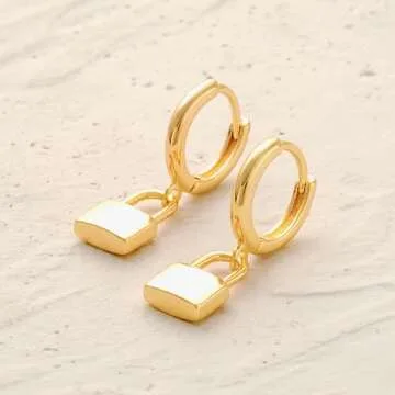 MYEARS Women Padlock Earrings Gold Huggie Hoop Dangle Drop 14K Gold Plated Small Simple Hypoallergenic Everyday Jewelry