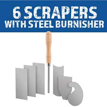 Fulton Cabinet Scraper Burnisher with 6 Piece Multi-Shaped Scraper Set 3 Rectangle 1 Beveled 1 Curved (Convex and Concave) and 1 Gooseneck Scraper
