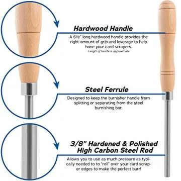 Fulton Cabinet Scraper Burnisher with 6 Piece Multi-Shaped Scraper Set 3 Rectangle 1 Beveled 1 Curved (Convex and Concave) and 1 Gooseneck Scraper