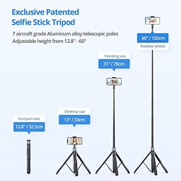 ATUMTEK 60 Selfie Stick Tripod with Bluetooth Remote for iPhone Android