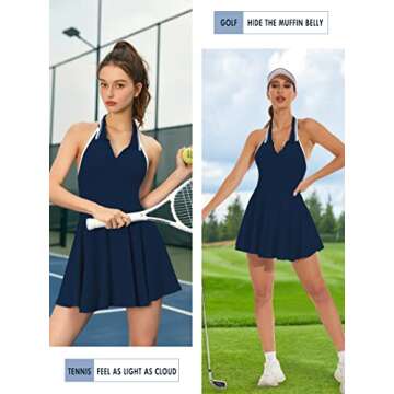 Rigolla Athletic Dress with Built in Shorts & Bra Polo Neck Workout Dress for Tennis Golf Midi Backless Dresses for Women
