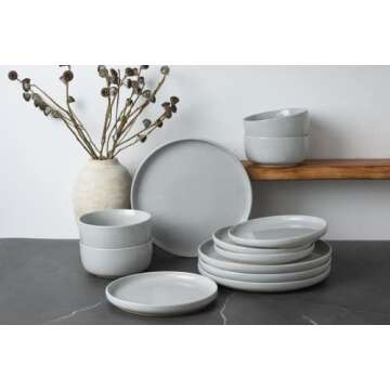Famiware Milkyway Plates and Bowls Set, 12 Pieces Dinnerware Sets, Dishes Set for 4, Light Gray